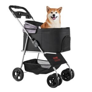Pet Stroller, 35 Lbs Weight Capacity, Foldable Dog Stroller Cart, 4 Wheels Cats Pram With Detachable Carrier & Mesh Windows, Portable Animal Carrier With Brake For Small To Medium Pets