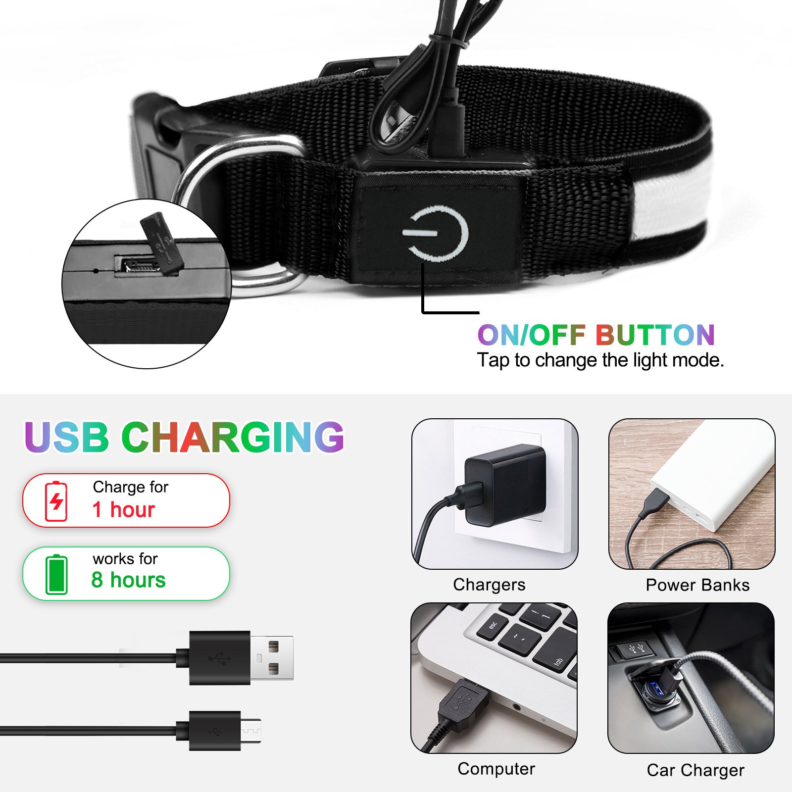Rechargeable LED Dog Collar Adjustable Light-Up Collar with 3 Flash Modes for Night Walks, USB Rechargeable, Size M - Image 2